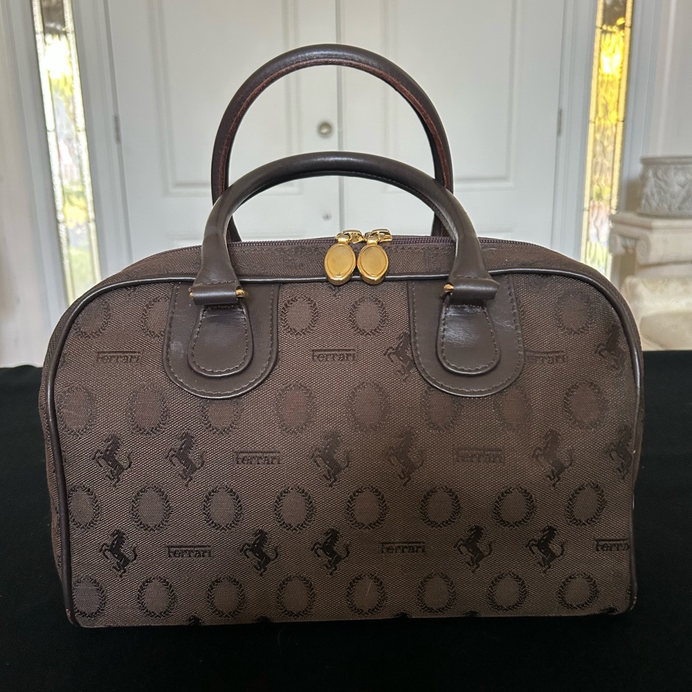 Rare Ferrari Logo Patterned Dark Brown Handbag